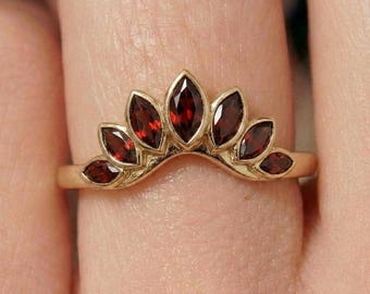Delicate Garnet Crown Ring, Marquise Stacking Band, Gold Wedding Enhancer, January Birthstone Ring, Unique Anniversary Gift for Her