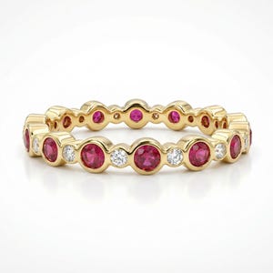 Alternate Ruby and Diamond Full Eternity Band, Delicate Ruby Band with Diamonds, Solid Gold or Platinum
