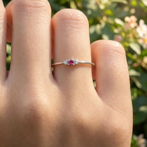Minimalist Three Stone Ruby Ring, July Birthstones Ring, Dainty Wedding Band, Vintage  Ruby Ring, Diamond Engagement Ring
