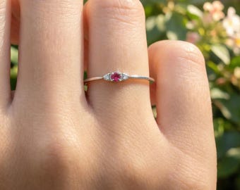 Minimalist Three Stone Ruby Ring, July Birthstones Ring, Dainty Wedding Band, Vintage  Ruby Ring, Diamond Engagement Ring
