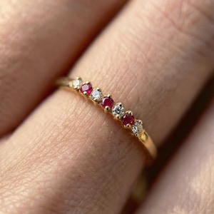 Seven Stone Ruby and Diamond Wedding Band, Seven Years Anniversary Band, Dainty Wedding Band, July Birthstones Ring