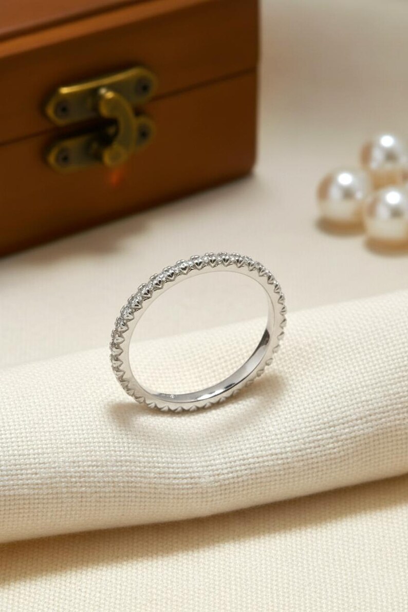 Fishtail Diamond Wedding Band / Full Eternity Band in 14k Solid Gold / Thin Dainty Stackable Band image 5