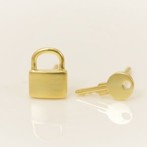 Lock and Key Stud Earrings, Minimalist Earrings, Key and Lock Mismatched Earrings, Key Stud Earrings, Gift for Her