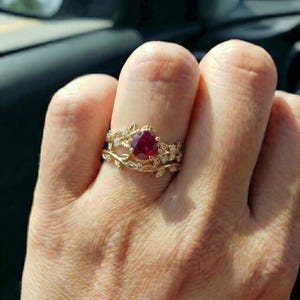 Round Ruby Nature Inspired Engagement Ring, 18K Gold Leaf Branch Ring, July Birthstone Ring, Romantic Bridal Promise Ring image 12