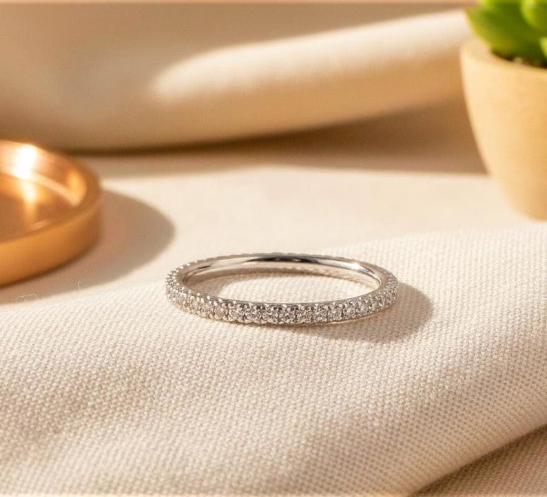 Fishtail Diamond Wedding Band / Full Eternity Band in 14k Solid Gold / Thin Dainty Stackable Band image 4