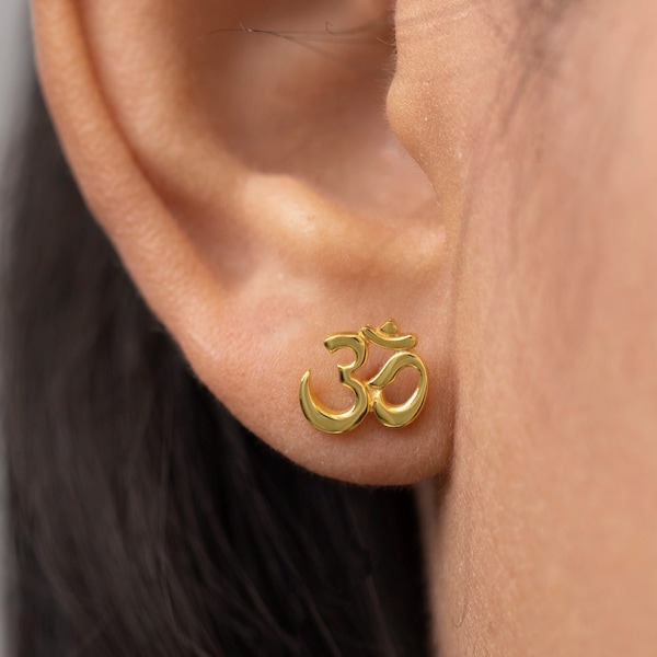 Om Stud Earrings, Meditation Studs, Om Symbol Earrings, Yoga Earrings, 18K Gold Om Earrings, Om Jewelry