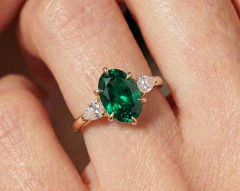 Oval Emerald & Pear Diamond Three Stone Engagement Ring | 14K Gold May Birthstone Ring | Anniversary Gift for Her | Dainty Gemstone Ring