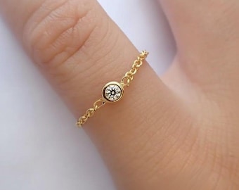Dainty Diamond Chain Ring - 14k Gold Diamond Chain Ring - Natural Diamond Set Bezel Chain Ring - Minimalist Ring