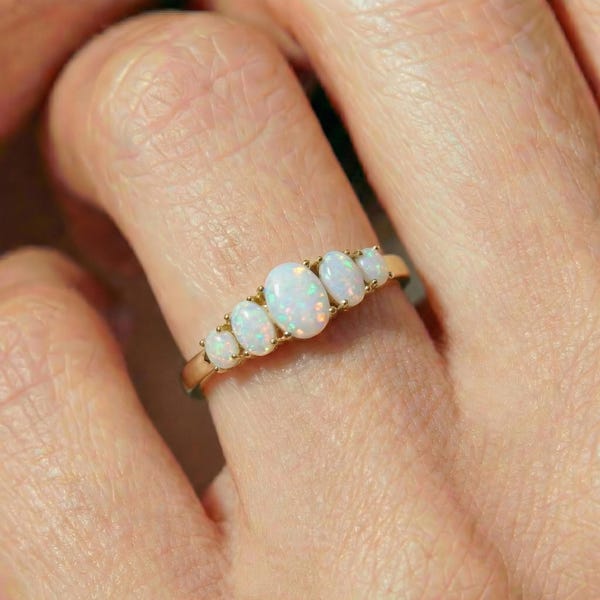 Elegant Opal Ring, Dainty Five Stone Oval Opal Band, October Birthstone Anniversary Promise Ring for Her, Stackable Jewelry