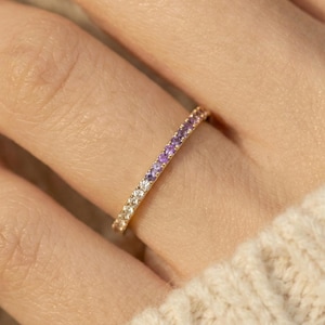 Diamond and Amethyst Eternity Band, Birthstone with Diamond Ring, February Birthstone Ring Gift, Push Present Ring