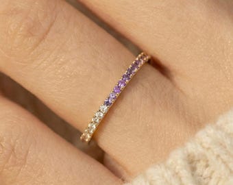 Diamond and Amethyst Eternity Band, Birthstone with Diamond Ring, February Birthstone Ring Gift, Push Present Ring