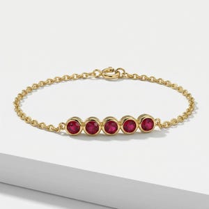 5 Stones Ruby Bracelet / 14K Solid Gold Thin Chain Bracelet / 2 MM Bezel Set Bracelet / September Birthstones Bracelet