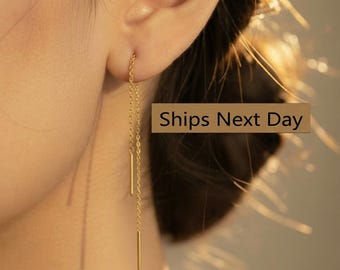 Pendientes largos de barra enhebrada, pendientes de cadena larga, delicados pendientes de barra colgantes, pendientes de barra con cadena delicada