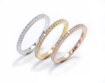 14k Solid Gold Full Eternity Diamond Wedding Band 1.3mm / Micro Pave Eternity Band / Thin Dainty Stacking Band