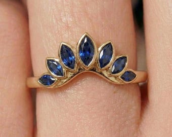 Marquise Blue Sapphire Curved Ring | Delicate Gold Stacking Wedding Band | Unique Tiara Anniversary Gift for Her | September Birthstone