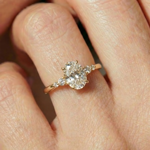 Elegant Oval Moissanite Engagement Ring | 14K Gold Solitaire with Pave Accents | Classic Proposal Ring | Anniversary Gift for Her