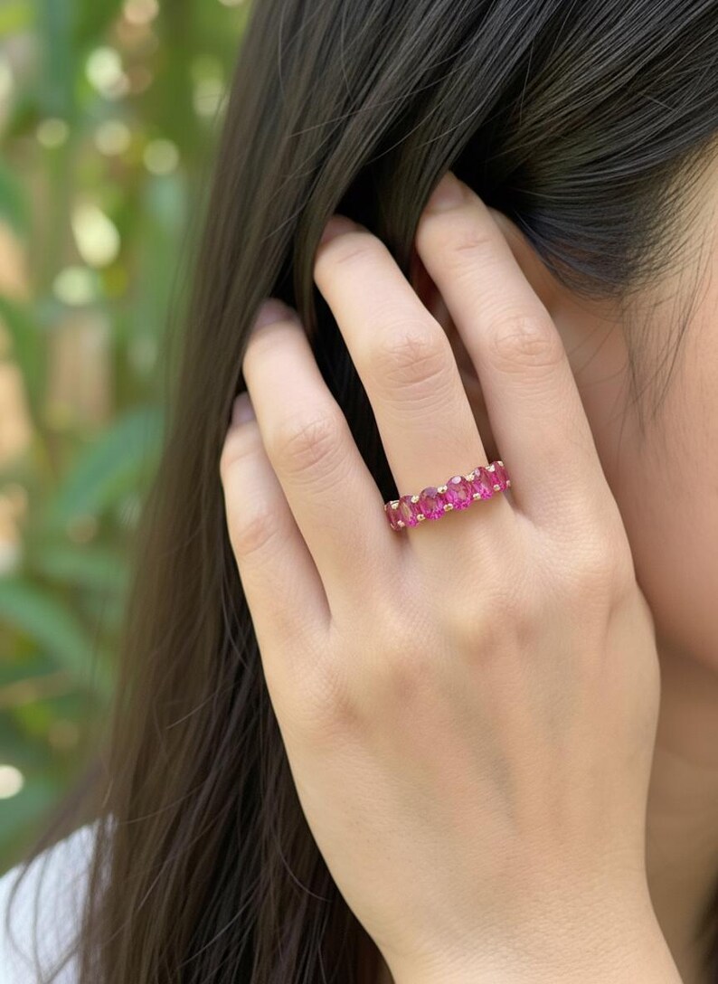 Pink Tourmaline Wedding Band 3.50ctw Round Cut 7 Stone Anniversary Ring Pink Gemstone Eternity Band October Birthstone image 7