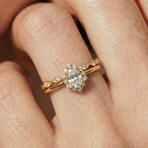 0,60 kt diamanten verlovingsring set, 18 kt massief gouden vintage halo trouwring voor vrouwen, ovale bruidsset april geboortesteen