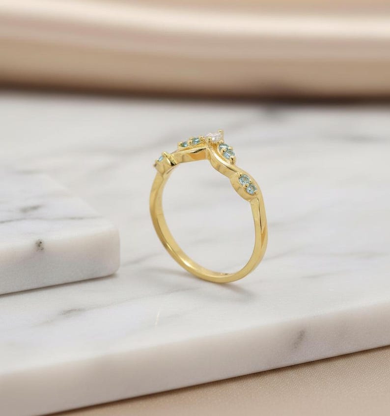 Aquamarine Wedding Band Curved V Shape Ring Light Blue Gemstone Stacking Ring Sterling Silver Vine Twist Chevron March Birthstone Jewelry image 4