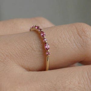 Delicate Pink Tourmaline Eternity Band Ring | 14K Gold Marquise & Round Gemstone Stacking Ring | October Birthstone Gift for Her image 5