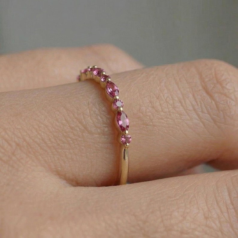 Delicate Pink Tourmaline Eternity Band Ring | 14K Gold Marquise & Round Gemstone Stacking Ring | October Birthstone Gift for Her image 5