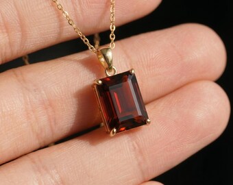 Rectangle Garnet Pendant Necklace | Dainty Gold January Birthstone Jewelry | Elegant Deep Red Gemstone Gift for Her