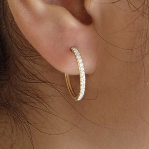 Diamond Hoop Earrings - 14K Solid Gold Diamond Earrings - Gold Earring Gift for Mom or Sweetheart