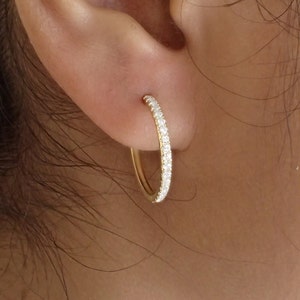 Diamond Hoop Earrings - 14K Solid Gold Diamond Earrings - Solid Gold Earring Gift for Mom or Sweetheart, Delicate Wedding Earrings
