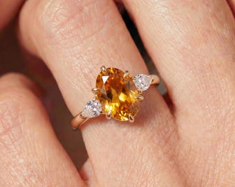 Radiant Oval Citrine Engagement Ring with Pear Diamonds | 14K Gold Three Stone Ring | Unique Anniversary Gift for Her