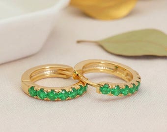 Seven Stone Emerald Huggie Hoop Earrings, May Birthstone Earrings, Dainty Green Gemstone Hoops, Bridesmaid Gift for Her