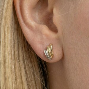 Three Color Earrings in 14K Solid Gold, Stud Post Earrings, Tri Color Earrings, Delicate Tiny Stud Earrings image 3
