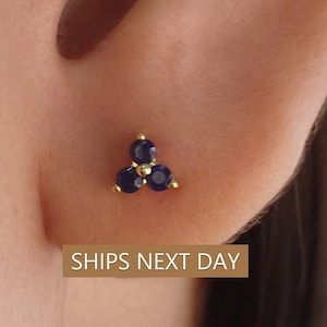 Blue Sapphire Earrings / Trio Stud Earrings / September Birthstone Gift / Three Stone Earrings / Minimalist Earrings / In Stock