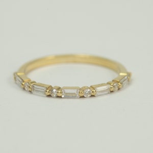 Baguette Diamond Wedding Ring, Alternating Baguette Diamond and Round Diamond Half Eternity Ring, Vintage Wedding Band