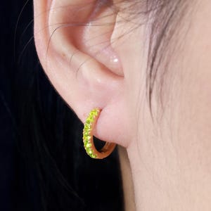 Seven Stones Peridot Hoop Earrings, August Birthstone Gifts, Huggie Hoop Earrings, Minimal Hoop Earrings Gift for Women