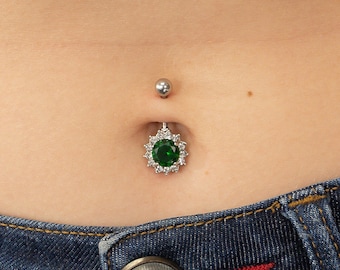 Emerald Belly Button Ring, Body Jewelry, May Birthstones Gift, Navel Body Piercing Jewelry, Curved Barbell Belly Ring