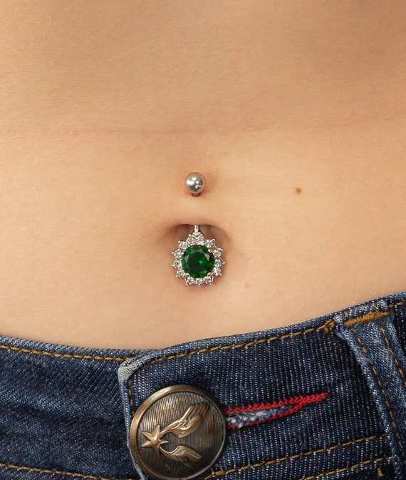 Emerald Belly Button Ring, Body Jewelry, May Birthstones Gift, Navel Body  Piercing Jewelry, Curved Barbell Belly Ring