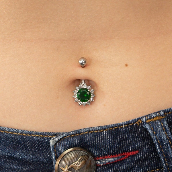 Emerald Belly Button Ring, Body Jewelry, May Birthstones Gift, Navel Body Piercing Jewelry, Curved Barbell Belly Ring
