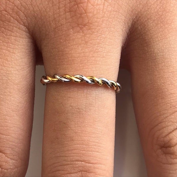 Twisted Rope Two Tone Ring in 14k Solid Gold, Simple Minimalist Ring, Hand Made Ring, Infinity Rope Ring 1.5mm