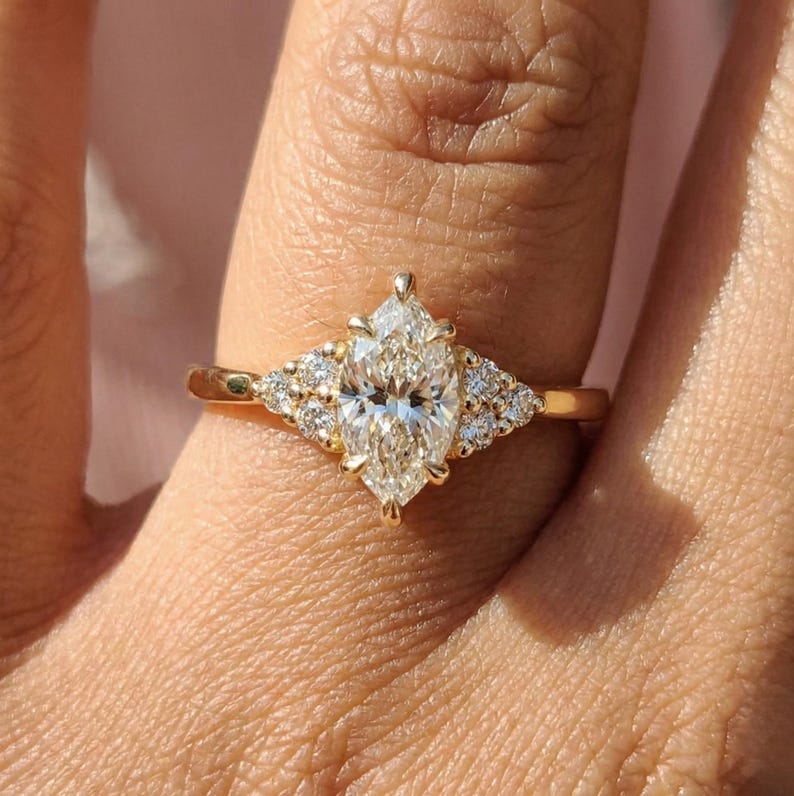 1ct Marquise Moissanite Engagement Ring Set, Marquise Diamond Wedding Ring Set, Promise Ring for Woman, 14K Solid Gold Anniversary Ring Set image 9