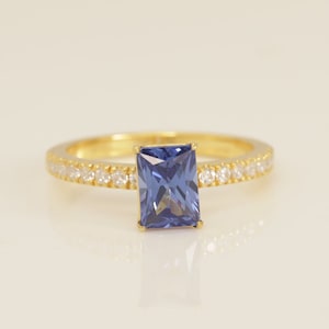 Emerald Cut Blue Sapphire Engagement Ring, September Birthstone Ring, Promise ring Gift for Her, Anniversary Gift