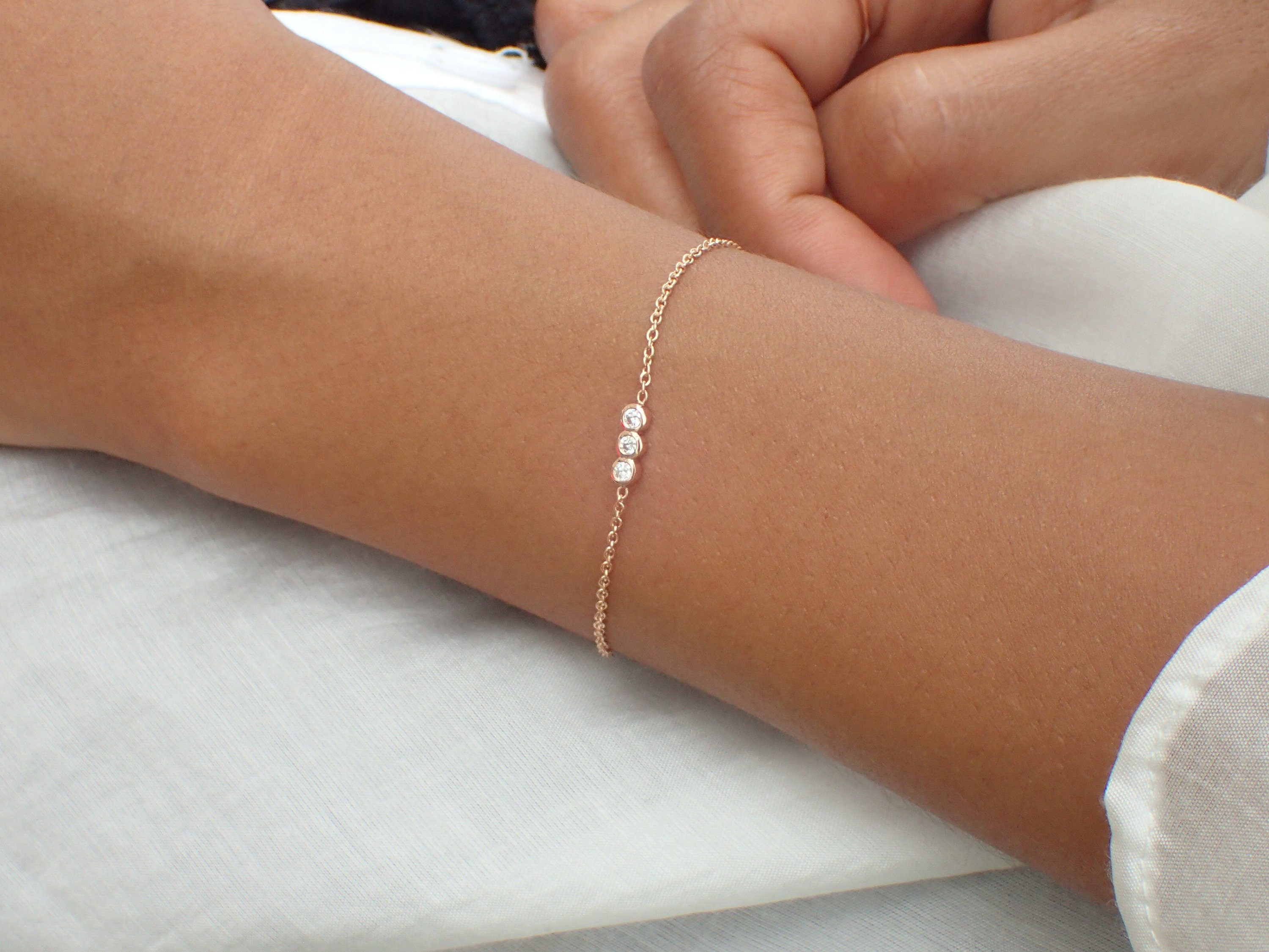 Trio Diamond Bracelet with Thin Chain, Bezel Setting in 14k Solid Gold, Delicate Diamond Bracelet