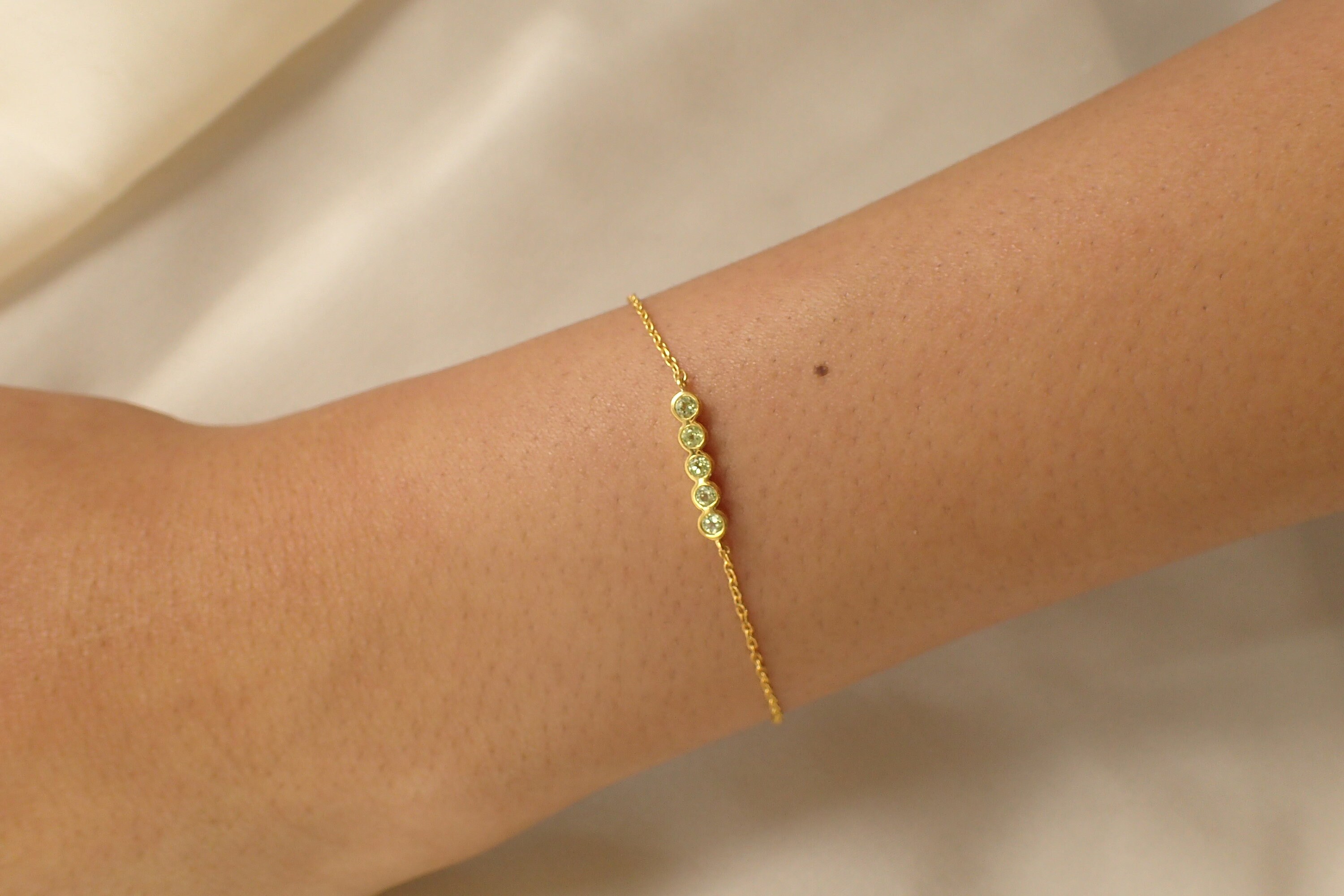 5 Stones Peridot Bracelet / 14K Solid Gold Thin Chain Bracelet Etsy