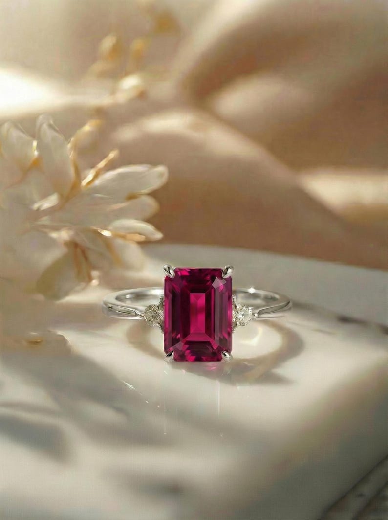 1.75ct Ruby Ring, Emerald Cut Ruby Ring, 14K Gold Statement Ring, Certified Stone Ring, July Birthstone image 2