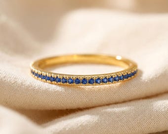 Micro Pave Blue Sapphire Ring, Half Eternity Dainty Stackable Band, Blue Sapphire Wedding Band, September Birthstone