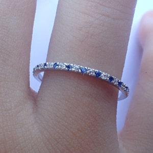 Alternating Blue Sapphire and Diamond Wedding Band - White Gold Half Eternity Minimalist Band - Blue Sapphires Band