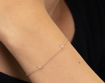 Solitaire Diamond Bracelet, Bezel Set Minimalist Bracelet, Diamond Yard Bracelet, Delicate Layering Bracelet Gift for Women