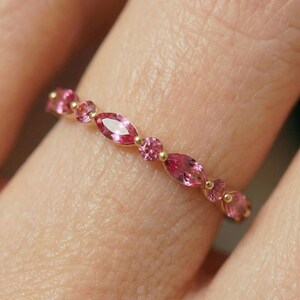 Delicate Pink Tourmaline Eternity Band Ring | 14K Gold Marquise & Round Gemstone Stacking Ring | October Birthstone Gift for Her image 3
