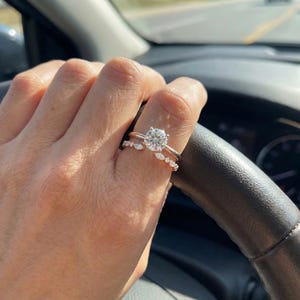 Moissanite Open Gap Wedding Band, Marquise and Round Half Eternity Stackable Matching Ring, Minimalist 14K Gold Band for Women image 3