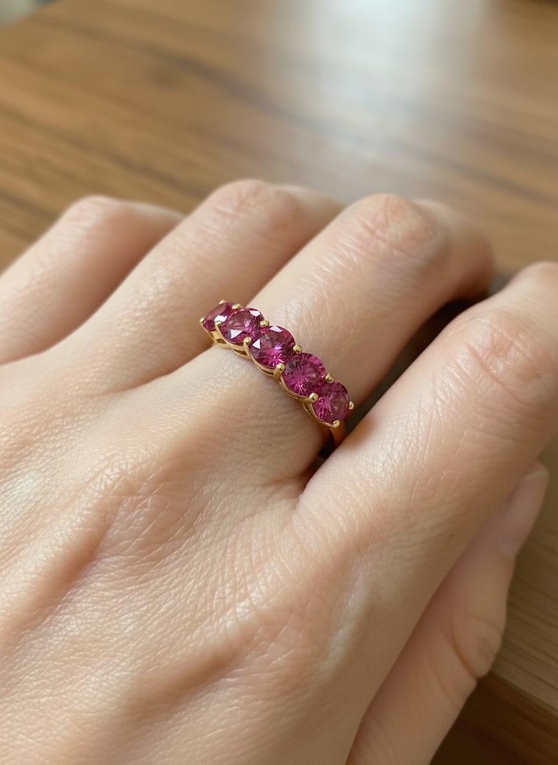 Pink Tourmaline Wedding Band 3.50ctw Round Cut 7 Stone Anniversary Ring Pink Gemstone Eternity Band October Birthstone image 6