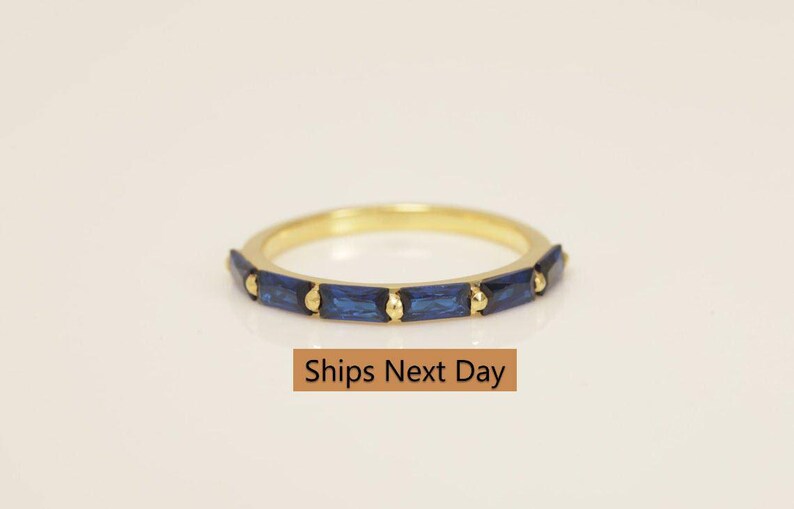 Baguette Blue Sapphire Wedding Ring, September Birthstone Ring, Half Eternity Sapphire Ring, Promise Ring, Vintage Wedding Band image 15